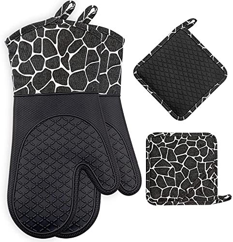 Gesentur Ofenhandschuh, Topfhandschuhe Anti-Rutsch Hitzebeständige Silikon und Baumwolle 1 Paar und 2 Topflappen (Black) von Gesentur
