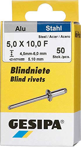 GESIPA Blindniete Mini-Pack 50 Stück (Alu/Stahl 5x10, Nietschaft-ø 5 mm, Scherkraft 2000 N, Zugkraft 2800 N, Flachrundkopf) 1433537 von Gesipa