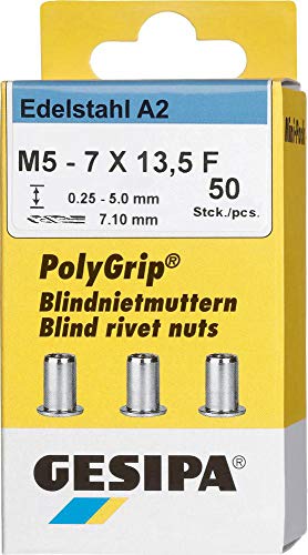 Gesipa Blindnietmuttern PolyGrip 50 Stück (Edelstahl A2 M5x7x13,5 mm, Schaft-ø 7mm, Scherkraft 3200 N, Gewindebruchkraft 15000 N, Flachrundkopf) 1464888 von Gesipa