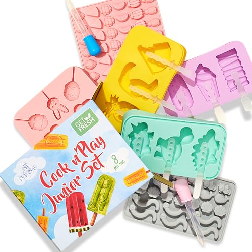 GET FRESH Kinderkoch Eiscreme und Bonbon Herstellungs Werkzeugset - 8-stük Silikon Lollipop Gelee Bonbon Gummibärchen Eiscreme formen für Kinder - Dino Silikon Eiscreme formen Kochset 5 6 7 8 9 Jahre von Get Fresh