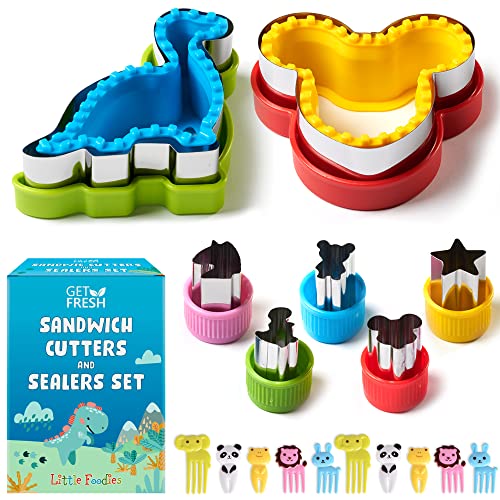 GET FRESH Sandwichschneider und Versiegler für Kinder -17 Stück Kinder Edelstahl Decruster Sandwich Ausstecher Gemüseschneider - Dino Metall Brotschneider und 5 Gemüseformen mit 10 Tiere Zahnstocher von Get Fresh