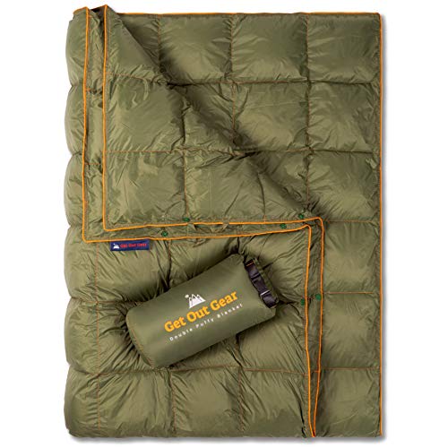 Get Out Gear Double Puffy Camping Blanket - Extra Puffy, Packable, Lightweight and Warm | Ideal for Outdoors, Travel, Stadium, Festivals, Beach, Hammock | Water-Resistant Camp Quilt (Olive/Orange) von Get Out Gear
