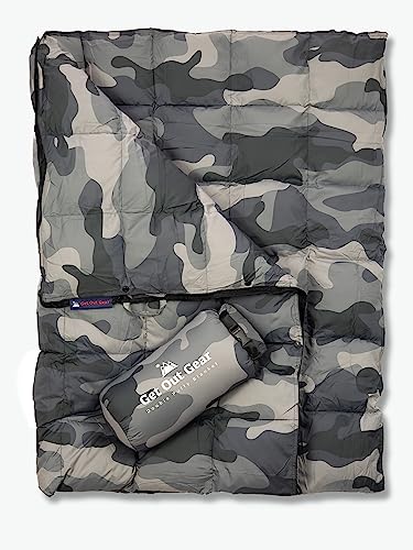 Get Out Gear Gemütliche Camouflage-Campingdecke – bauschig, verstaubar, leicht und warm, ideal für Outdoor, Reisen, Stadion, Festivals, Strand, Hängematte, Wasserabweisende Rucksack-Steppdecke von Get Out Gear