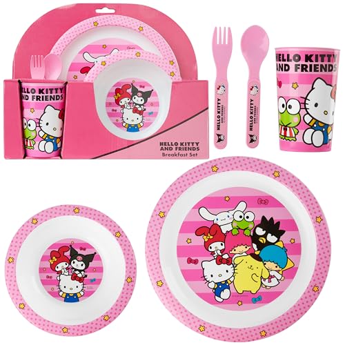 Get Trend Hello Kitty Sanrio Geschirrset Kinder, BPA-Frei, Kinderbesteck Set 5-Teiliges, Geschirr Teller Schüssel & Mehr, Kuromi Cinnamoroll Geschenke (Rosa Hello Kitty) von Get Trend