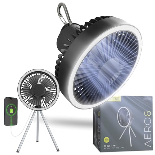 GetVints - USB Ventilator mit Licht - Tischventilator und Hängeventilator - per USB aufladbar - 10000mAh Powerbank - 3 Geschwindigkeiten - Timerfunktion - kompakt - mit Karabiner-Haken, AERO6 von GetVints