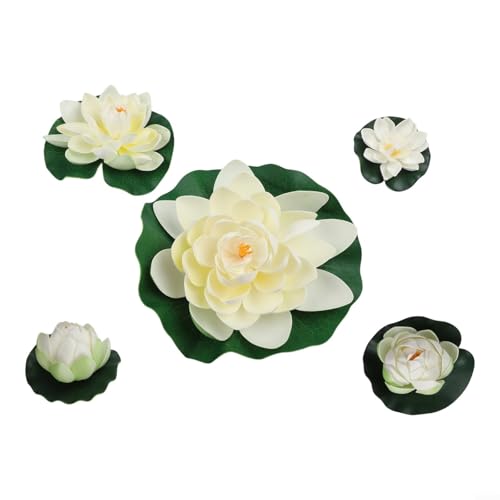 Set mit 5 schwimmenden künstlichen weißen Lotusblättern und künstlichen Lilien für Wasserteiche, geeignet für Haus, Garten, Hof, Aquarium, Hochzeit, Party Dekoration Set mit 5 schwimmenden künstlichen weißen Lotusblättern und künstlichen Lilien für Wasserteiche, geeignet für Haus, Garten, Hof, Aquarium, Hochzeit, Party Dekoration von Getdoublerich