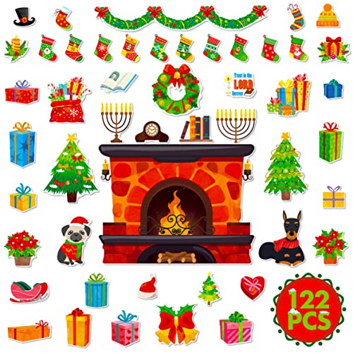 122 STÜCK Weihnachts Bulletin Brett Dekor, glücklicher Winterurlaub Ausschnitte Kamin Kerze Kranz Ausschnitt Dicker Karton Ausschnitt Set für Klassenzimmer, Tür, Fenster, Weihnachtsthema Party von Gethelud