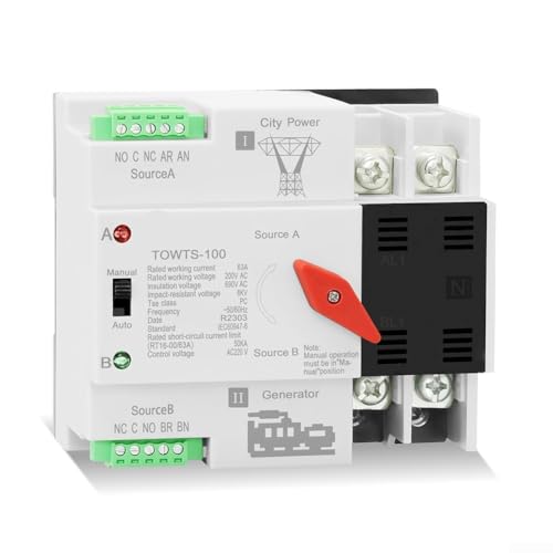 100A Dual Power Backup Transfer Switch with Automatic and Manual Operation, Over and Under Voltage Protection for Use with Mains, Generator and Solar Systems (16A) von Gettimore