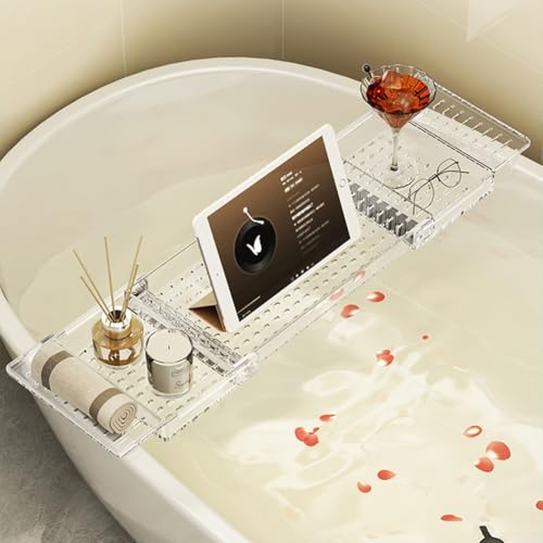 Badewannentablett aus Acryl mit ausziehbarem Design und mehreren Halterungen für Weinglas, Bücher und Geräte, kompatibel mit Standard-Badewannen (erweitert) von Gettimore