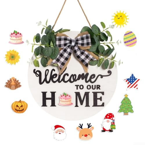 Willkommensschild für die Haustür mit austauschbaren saisonalen rustikalen runden Holzplatten, handgefertigt aus Buchsbaum für dauerhafte Dekoration des Hauseingangs (weiß) von Gettimore