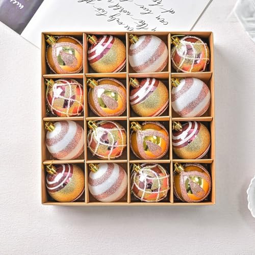 XM0016S Weihnachtskugel-Ornament-Set aus Kunststoff, mit weißem und goldenem Glitzer für Baum- und Urlaubsdekorationen, in Geschenkbox (XM0016S – Roségold) von Gettimore