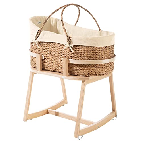 Geuther Moses-Set Babykorb & Untergestell mit Schaukelfunktion | Babywiege für Neugeborene | Babynest | Beistellbett Baby | Baby Bett Komplett Set | Stubenwagen Baby, tragbarer Moseskorb, Beige von Geuther
