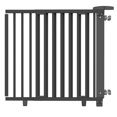 Geuther Treppenschutzgitter Oris | Türschutzgitter zum Anschrauben inkl. 2x Klemmen für Treppengeländer, Breite 95-135 cm | Stabiles Türgitter mit Schwenktür, zertifiziert | Kindergitter Holz, Schwarz von Geuther