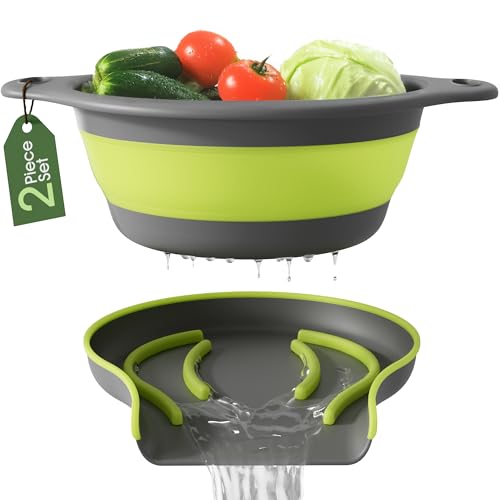 Gevoli Großes faltbares Sieb mit selbstentleerendem Boden, 5 l seitlicher Abflusssieb für den Rand der Küchenspüle, Grün (2-teiliges Set) von Gevoli