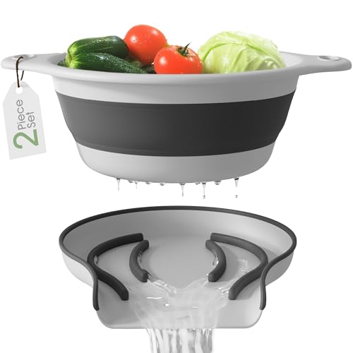 Gevoli Zusammenklappbares Sieb, inklusive Abtropfgestell für die Arbeitsplatte (5 QT) großes Küchen-Abtropfgestell für Gemüse, Obst und Nudeln, runder faltbarer Abtropfkorb, einfache Lagerung (weiß) von Gevoli