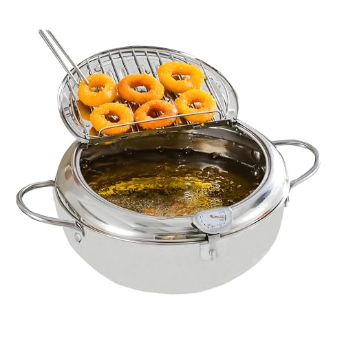 Gevvnss 3,4L Fritteuse Topf,Japanischer Frittiertopf mit Thermometer,9,8" Japanische Tempura Fritteuse Topf,Kleiner Edelstahl-Topf mit Deckel und Abtropfgestell für Pommes Frites,Garnelen,Fisch Gevvnss 3,4L Fritteuse Topf,Japanischer Frittiertopf mit Thermometer,9,8" Japanische Tempura Fritteuse Topf,Kleiner Edelstahl-Topf mit Deckel und Abtropfgestell für Pommes Frites,Garnelen,Fisch von Gevvnss