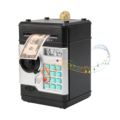 Gevvnss Kinder Tresor Elektronische Piggy Bank,Mini ATM Spardose mit Code und Fingerabdruck Unlocking Simulation,Automatischem Geldeinzug und realistischen Soundeffekten,Schwarz und Silber von Gevvnss