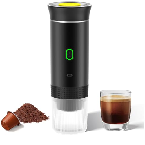 Gevvnss Tragbare Kaffeemaschine Wiederaufladbar,12 V Tragbare Espressomaschine für Auto,Erhitzt 60 ml Kaffee in 60s,mit Kapsel & Gemahlenem Kaffeefür Camping Reise Zuhause,Schwarz von Gevvnss