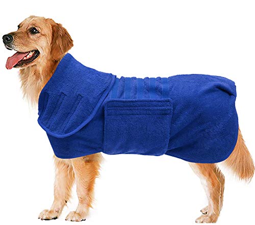 Geyecete Hundebademantel aus Mikrofaser, schnell trocknend Badetuch mit Klettverschluss,sehr saugfähig Bademantel für Hunde und Katzen,Haustier Handtuch-Blau-L von Geyecete