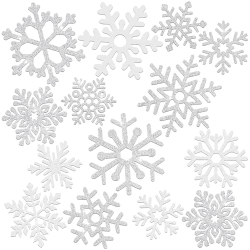 Geyee Schneeflocken-Ausschnitte, 12 Stile, Glitzer-Schneeflocken, Brett-Ausschnitte, Ornamente mit Klebepunkten, für Winter, Weihnachten, Heimdekoration (Silber, Weiß), 96 Stück von Geyee