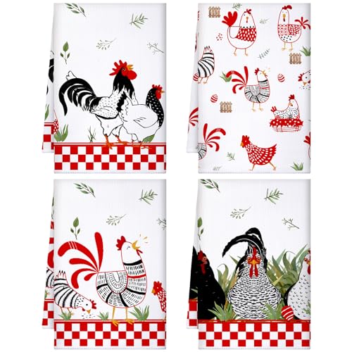 Küchentücher, Oster-Hühner-Ei, Bauernhof, Geschirrtücher, Bauernhaus, Vintage, rustikaler Hahn, Handtuch, Dekoration, 40,6 x 61 cm, für Osterbadezimmer (rot, schwarz, weiß, Bauernhaus), 4 Stück Küchentücher, Oster-Hühner-Ei, Bauernhof, Geschirrtücher, Bauernhaus, Vintage, rustikaler Hahn, Handtuch, Dekoration, 40,6 x 61 cm, für Osterbadezimmer (rot, schwarz, weiß, Bauernhaus), 4 Stück von Geyoga