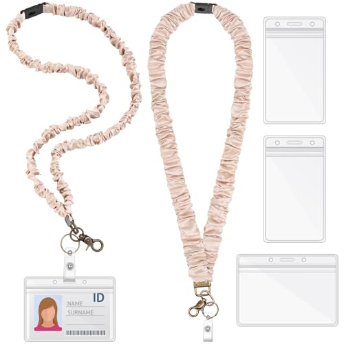 Geyoga 2er-Set Lehrer-Haargummi-Schlüsselband mit Sicherheitsverschluss, Ausweishalter, einziehbares Schlüsselband für Büro, Lehrer, Geschenk (reine Farbe, Beige) von Geyoga