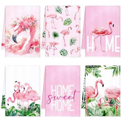 Geyoga 6 Stück Frühlingsküchentücher, Blumen-Geschirrtücher, Flamingo, Sonnenblume, Huhn, Gänseblümchen, Geschirrtücher für Frühling, Küche, Badezimmer, Dekoration, 40,6 x 61 cm (Rosa, Flamingo) von Geyoga