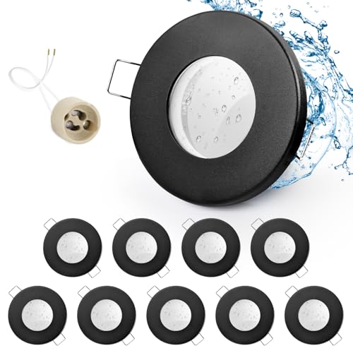 GeyouLux 10er set Einbaustrahler Rahmen IP65 inkl GU10 Fassung, LED Spot Eisen Matt Schwarz Badezimmer Einbaurahmen Rund Flach Einbauspots Spots 68mm lochmass für Aussen- Innen von GeyouLux
