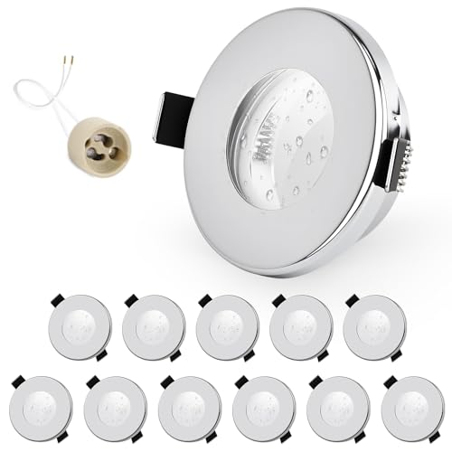 GeyouLux 12er set Einbaustrahler Rahmen IP65 inkl GU10 Fassung, LED Spot Eisen Chrom Badezimmer Einbaurahmen Rund Flach Einbauspots Spots 68mm lochmass für Aussen- Innen von GeyouLux