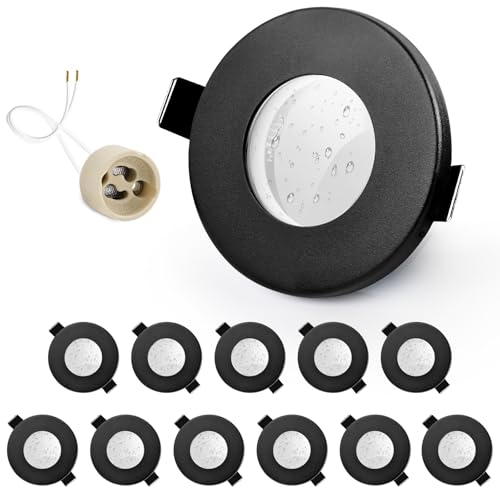 GeyouLux 12er set Einbaustrahler Rahmen IP65 inkl GU10 Fassung, LED Spot Eisen Schwarz Badezimmer Einbaurahmen Rund Flach Einbauspots Spots 68mm lochmass für Aussen- Innen von GeyouLux