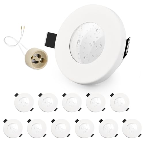 GeyouLux 12er set Einbaustrahler Rahmen IP65 inkl GU10 Fassung, LED Spot Eisen Weiß Badezimmer Einbaurahmen Rund Flach Einbauspots Spots 68mm lochmass für Aussen- Innen von GeyouLux