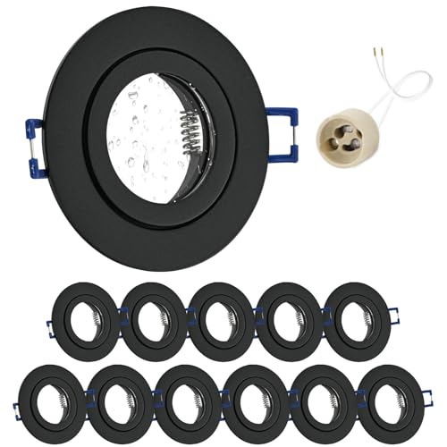 GeyouLux 12x LED Einbaustrahler 230V IP44 Rahmen mit GU10 Fassung, Aluminium Deckenspots Schwarz, Rund Flach LED Spots Badezimmer Einbauspots Spot Einbaurahmen 68mm lochmass für Außen- Innen von GeyouLux