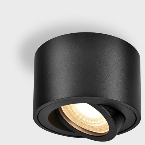 GeyouLux LED Aufbauspot Schwarz - Extra Flach & 38° Schwenkbar - Ø80x50mm Aufputz Deckenleuchte - 5W 3000K LED Modul 230V - Deckenstrahler Aufbaustrahler von GeyouLux