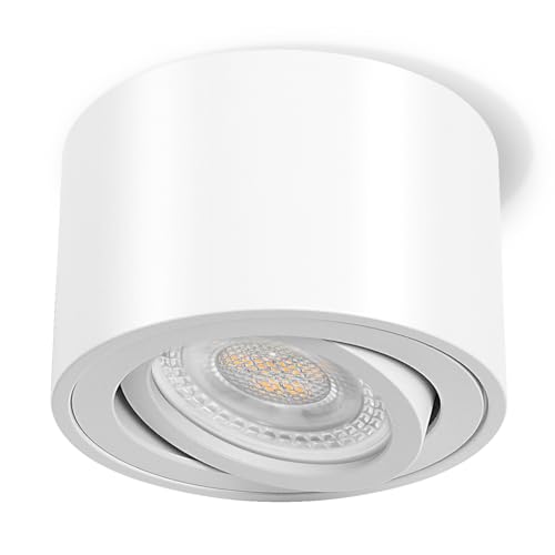 GeyouLux 1x LED Aufbauspot Weiß - Extra Flach & 30° Schwenkbar Spots Deckenleuchte - Ø80x50mm - Aufputz Spots Decke inkl. 5W 4000K LED Modul 230V - Deckenspots, Aufbauleuchte LED Aufbaustrahler von GeyouLux