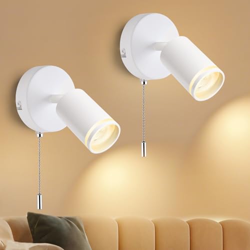 GeyouLux 2 Stücke Wandleuchte mit Schalter - GU10 Wandlampe mit Seilzugschalter Innen Weiß Led Wandstrahler - Vintage Wandspot Drehbare 350°für Wohnzimmer Schlafzimmer Büro Ohne Glühbirne von GeyouLux