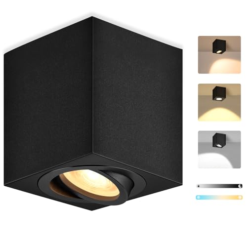 GeyouLux 3CCT LED Aufbauspot Eckig Schwarz - extra flach & 30° schwenkbar - Ø80x84mm Aufputz Spots Decke inkl. 5W 500LM Dimmbar LED Modul 230V - Deckenspots, Aufbaustrahler, Aufputz Deckenstrahler von GeyouLux