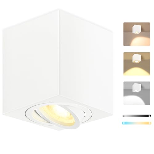 GeyouLux 3CCT LED Aufbauspot Eckig Weiß - extra flach & 30° schwenkbar - Ø80x84mm Aufputz Spots Decke inkl. 5W 500LM Dimmbar LED Modul 230V - Deckenspots, Aufbaustrahler, Aufputz Deckenstrahler von GeyouLux