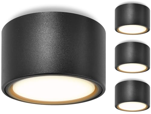 GeyouLux 4 Stück LED Aufbauspot Schwarz-Ø95x55mm-extra flach & großer Leuchtfläche-Aufbaustrahler inkl. 6W LED GX53 3000K Warmweiß 230V-Deckenspots Aluminium, Aufbauleuchte, Aufputz Deckenstrahler von GeyouLux