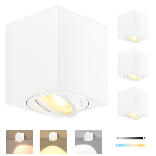 GeyouLux 4x 3CCT LED Aufbauspot Eckig Weiß, Ø80x84mm Deckenspots inkl. 5W Dimmbar LED Modul Aufbaustrahler 30° schwenkbar Aluminium Deckenleuchte 230V, Aufbauleuchte, Aufputz Deckenstrahler von GeyouLux