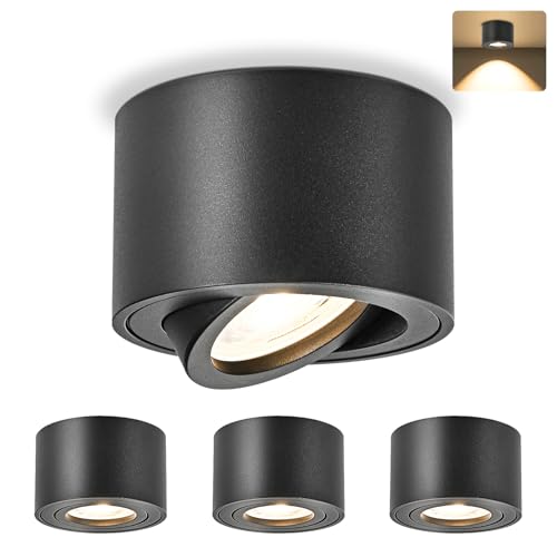 GeyouLux 4x LED Aufbauspot Schwarz - Extra Flach & 38° Schwenkbar Deckenspots - Ø80x50mm - Aufputz Spots Decke inkl. 5W 3000K LED Modul 230V, Deckenstrahler LED Aufbaustrahler von GeyouLux