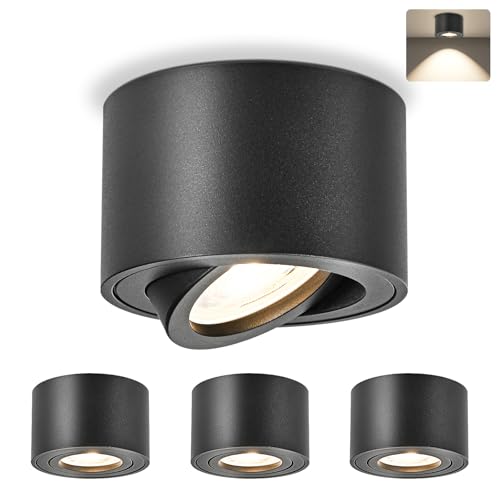 GeyouLux 4x LED Aufbauspot Schwarz - Extra Flach & 38° Schwenkbar Deckenspots - Ø80x50mm - Aufputz Spots Decke inkl. 5W 4000K LED Modul 230V, Deckenstrahler LED Aufbaustrahler von GeyouLux