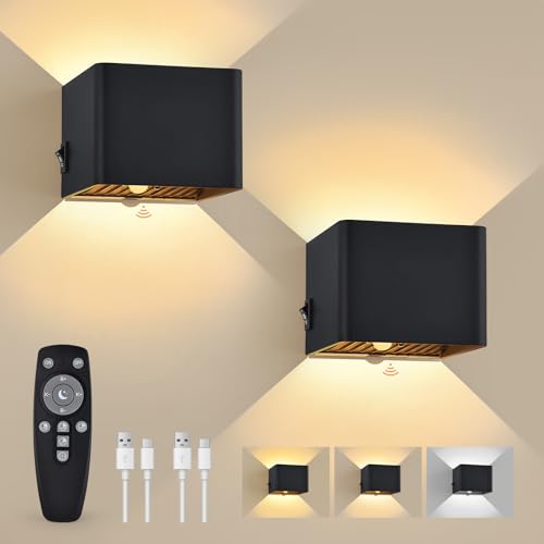 GeyouLux 6000mAh Akku Wandlampe Innen mit Bewegungsmelder, Wandleuchte mit Fernbedienung, 3 Modi 2700K-6500K Dimmbar Timer Moderne LED Aufladbare Wandleuchte Innen für Treppe Flur Schlafzimmer 2 Stück von GeyouLux