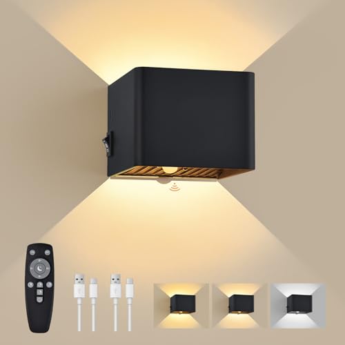 GeyouLux 6000mAh Akku Wandleuchte Innen mit Bewegungsmelder, Wandlampe mit Fernbedienung, 3 Modi 2700K-6500K Dimmbar Timer Moderne LED Aufladbare Wandleuchte Innen für Treppe Flur Schlafzimmer 1 Stück von GeyouLux