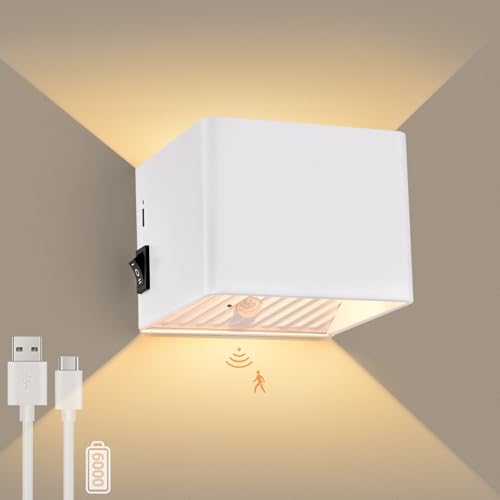 GeyouLux 6000mAh Akku Wandleuchte mit Bewegungsmelder Innen 5W LED Wandleuchte Ohne Stromanschluss,USB Aufladbare Wandbeleuchtung 3000K Weiß Magnetische Wandlampe mit Schalter für Schlafzimmer von GeyouLux