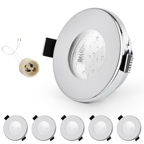 GeyouLux 6er set Einbaustrahler Rahmen IP65 inkl GU10 Fassung, LED Spot Eisen Gebürstetes Chrom Badezimmer Einbaurahmen Rund Flach Einbauspots Spots 68mm lochmass für Aussen- Innen von GeyouLux