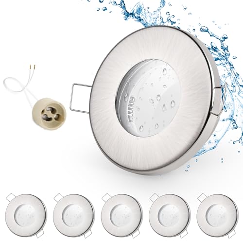 GeyouLux 6er set Einbaustrahler Rahmen IP65 inkl GU10 Fassung, LED Spot Eisen Gebürstetes Nickel Badezimmer Einbaurahmen Rund Flach Einbauspots Spots 68mm lochmass für Aussen- Innen von GeyouLux