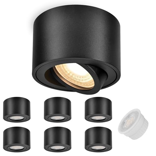 GeyouLux 6x LED Aufbauspot Schwarz - Extra Flach & 38° Schwenkbar - Ø80x50mm Aufputz Deckenleuchte - 5W 3000K LED Modul 230V - Deckenstrahler Aufbaustrahler von GeyouLux
