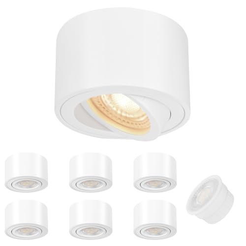 GeyouLux 6x LED Aufbauspot Weiß - Extra Flach & 30° Schwenkbar Spots Deckenleuchte - Ø80x50mm - Aufputz Spots Decke inkl. 5W 4000K LED Modul 230V - Deckenspots, Aufbauleuchte LED Aufbaustrahler von GeyouLux