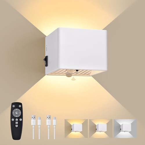GeyouLux 6000mAh Akku Wandleuchte Innen mit Bewegungsmelder, Wandlampe mit Fernbedienung, 3 Modi 2700K-6500K Dimmbar Timer Moderne LED Aufladbare Wandleuchte für Treppe Flur Schlafzimmer Weiß 1 Stück von GeyouLux