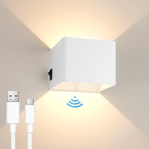 GeyouLux 3000mAh Akku Wandleuchte mit Bewegungsmelder Innen 5W LED Wandleuchte Ohne Stromanschluss,USB Aufladbare Wandbeleuchtung 3000K Magnetische Wandlampe mit Schalter für Schlafzimmer Wohnzimmer von GeyouLux